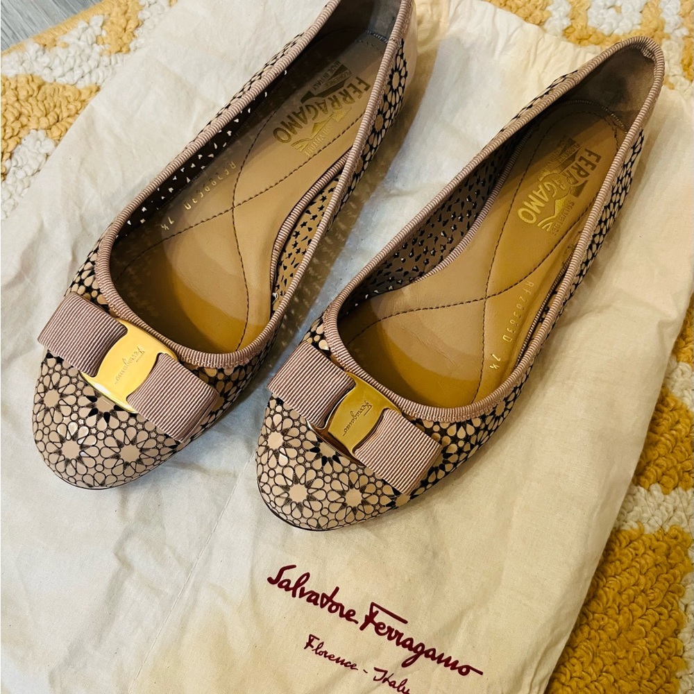 Salvatore Ferragamo Floral Patterned Flats with Gold Accents
